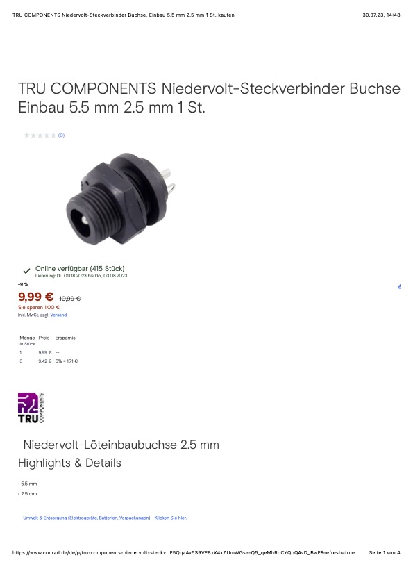 TRU COMPONENTS Niedervolt-Steckverbinder Buchse, Einbau 5.5 mm 2.5 mm 1 St. kaufen.jpg