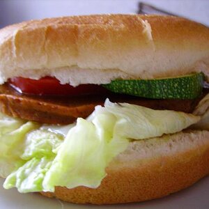 veganer Burger mit Tomaten, Zucchini, Mayonaise und nem Veggie-Burger, unter dem sich auch noch veganer Käse versteckt hat ;)