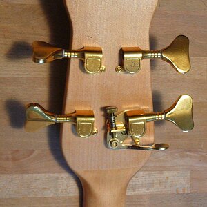 Der Framus Nashville Semi-Acoustic Bass mit Cocobolo-Decke und goldener Schaller Hardware mit Hipshot D-Tuner