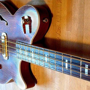 Der Framus Nashville Semi-Acoustic Bass mit Cocobolo-Decke und 6-fach Vari-Tone Switch
