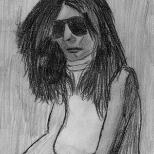 Yoko Ono
gezeichnet mit Bleistift, schwarzen und blauen Buntstift
Datum: Ende der 80er Jahre
Vorlage: vermutlich Beilage aus einer John Lennon LP