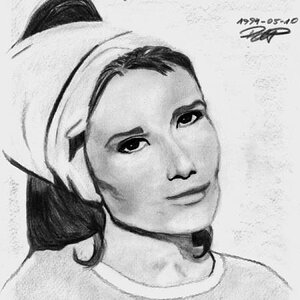 Audrey Hepburn
Bleistift, schwarzer Filzstift
Datum: 10.5.1994
Vorlage: Foto von Balkonszene mit Gitarre aus Frühstück bei Tiffany
