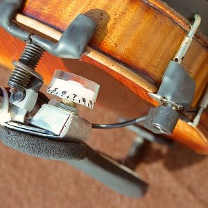 Akustische Geige mit 3,5mm-Buchse an Kinnstütze und Wolf-Schulterstütze mit Poti und Buchse