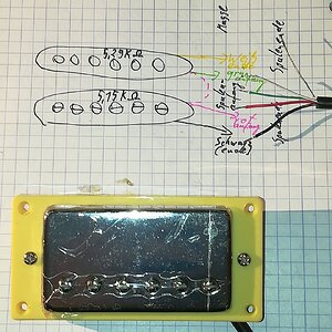 modifizierter Steg-Humbucker mit 5-Draht-Anschluß im PU-Rähmchen mit neuer Kabel-Belegung