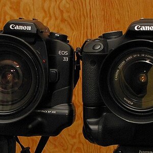 Meine beiden Haupt-SLRs, die Canon EOS 500D mit Batteriegriff rechts und die analoge Canon EOS 33 mit Batteriegriff links.