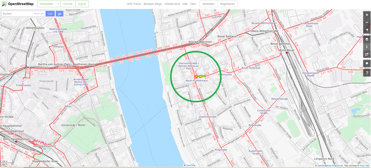 02-10 OSM Bonn-Beuel Verkehrsnetz Standortmarkierung