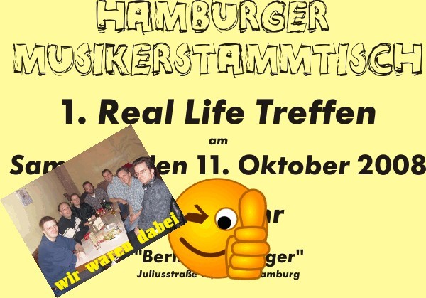 Das erste Treffen des Hamburger Musikerstammtisch ist vorüber. Es hat umheimlich Spaß gemacht und war auch sehr interessant und informativ. Ich freue mich schon auf unser nächstes Treffen.

Andreas