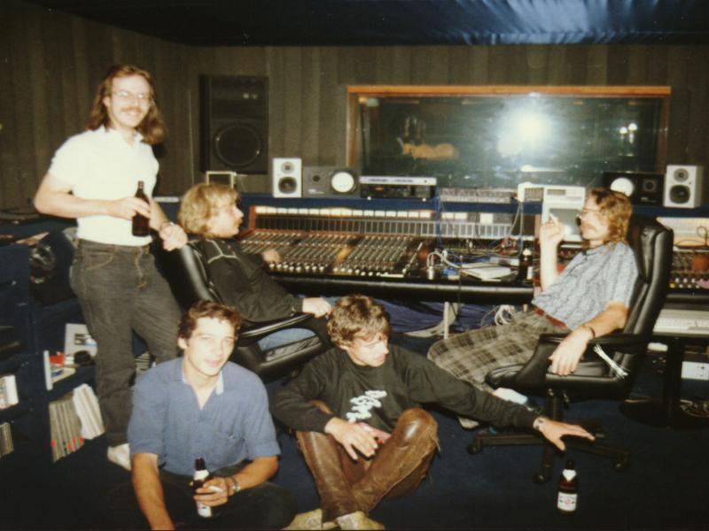 DirtyWork 1989 recording Cranbournechase in RTS Studio's Hannover DE (Norwin B.- Rhythm Guitar/Vocals, Jogi K. - Lead/Rhythm Guitar, Joe L. - 5 String Bass/Backing Vocals/Photog, (behind camera), Ömer O. -  Drums