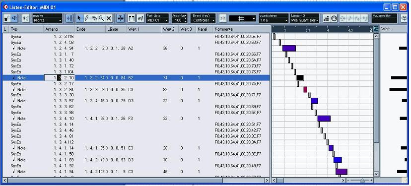 sysex und noten im listeditor