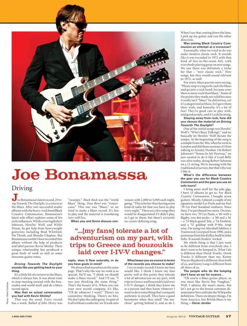 VINTAGE GUITAR MAGAZINE - Joe Bonamassa Interview (August 2012)